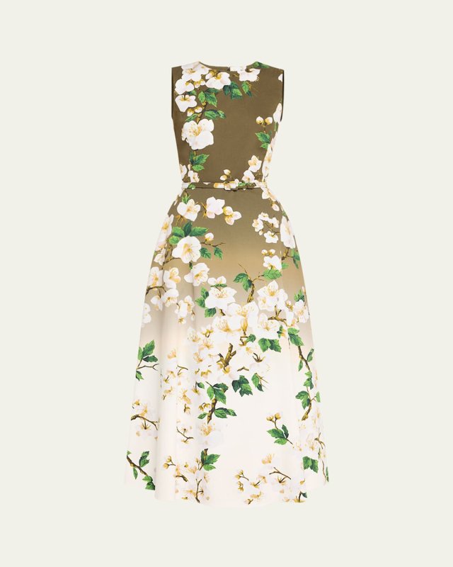 Sleeveless Ombre Cherry Blossom Tea-Length Dress With Belt